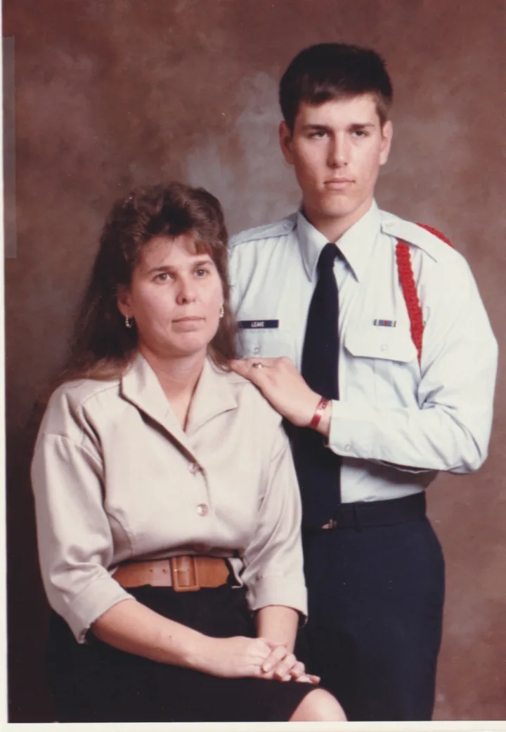 Travis Leake in U.S. Air Force uniform with his mother, Glenda Garcia, 1989