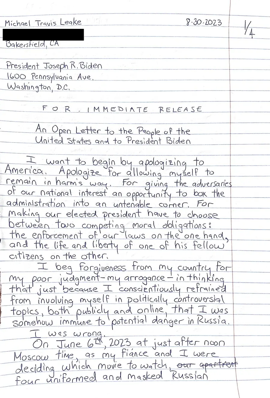Page 1 of 4 of Travis Leake's handwritten letter, August 30, 2023. The transcription is below.