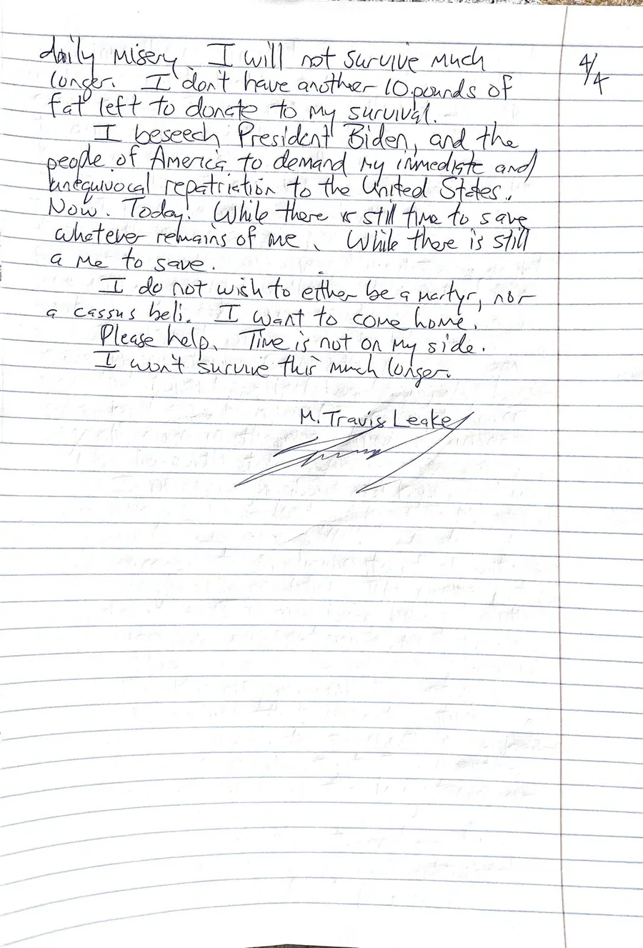 Page 4 of 4 of Travis Leake's handwritten letter, August 30, 2023. The transcription is below.