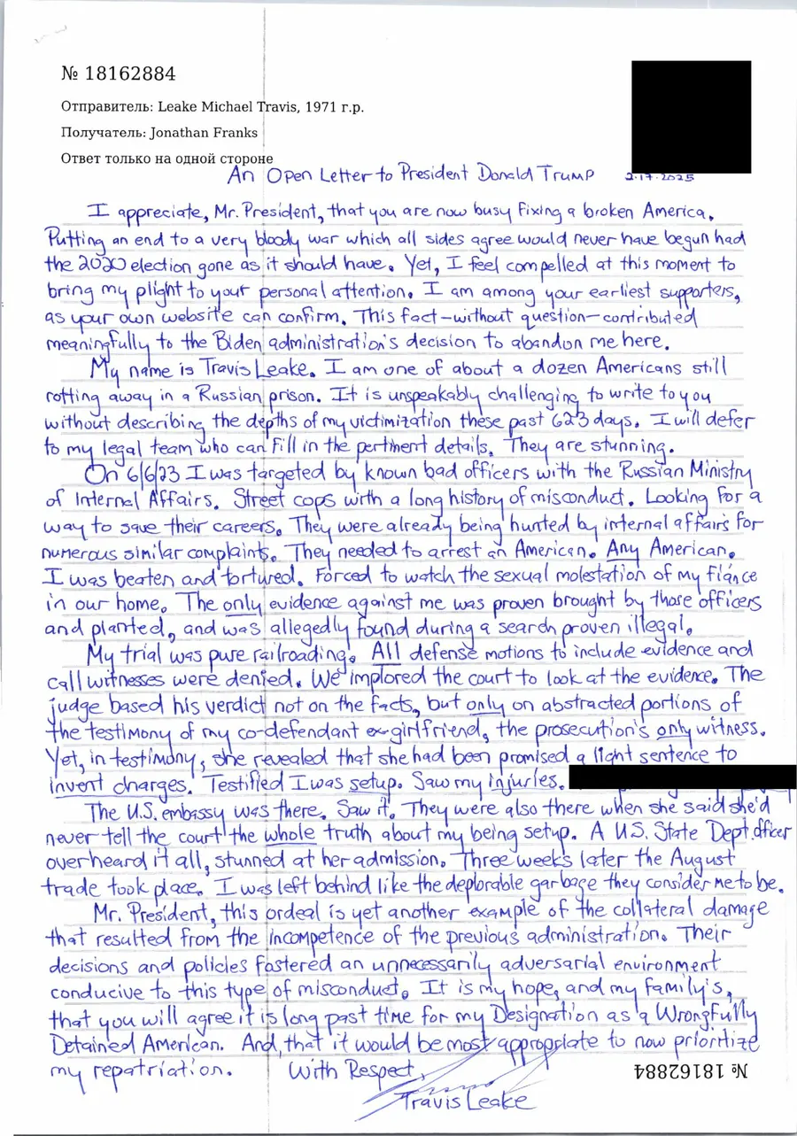 Travis Leake's handwritten letter, February 17, 2025. The transcription is below.